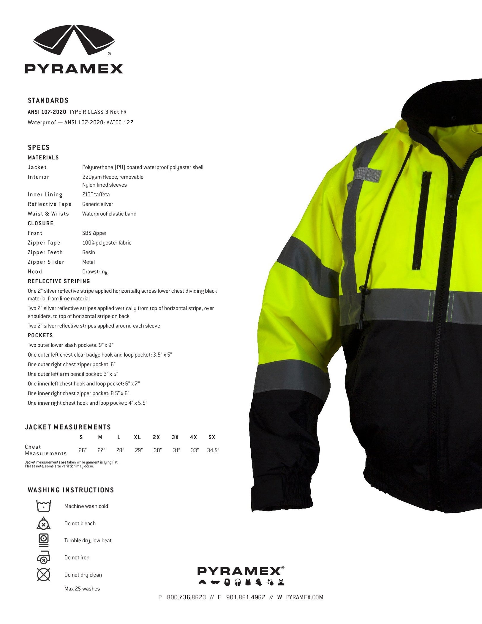 Pyramex® Hi Vis Waterproof Black Bottom Bomber Safety Jacket - Removab ...