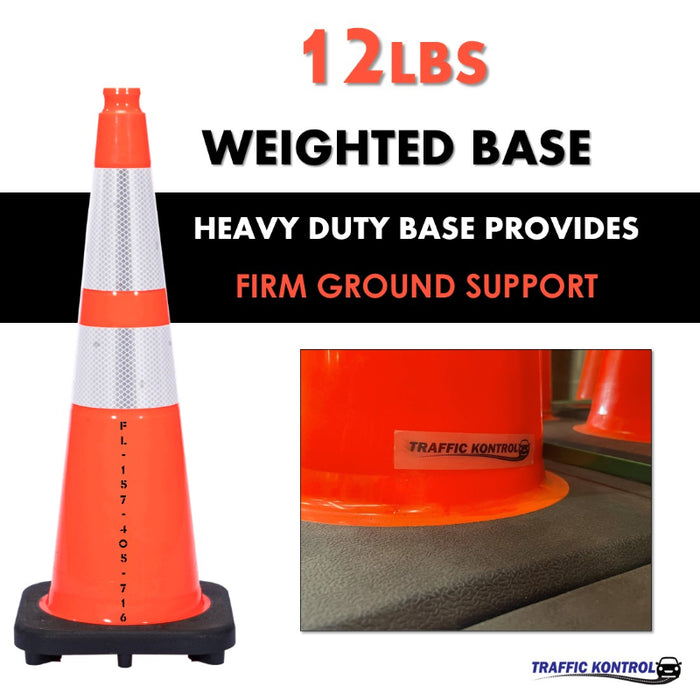 36" Florida DOT Approved Traffic Safety Cone - 12 Lbs - Orange - 6" + 4" Inch Hi Intensity Reflective Collars