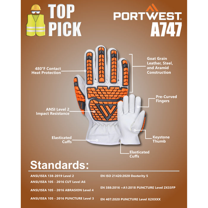 Portwest® Impact Goat Leather Cut Glove - ANSI Cut Level A6 - A747