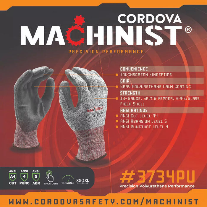 Cordova Safety Machinist Cut Resistant Gloves - 13-Gauge ANSI Cut Level A4 - 3734PU