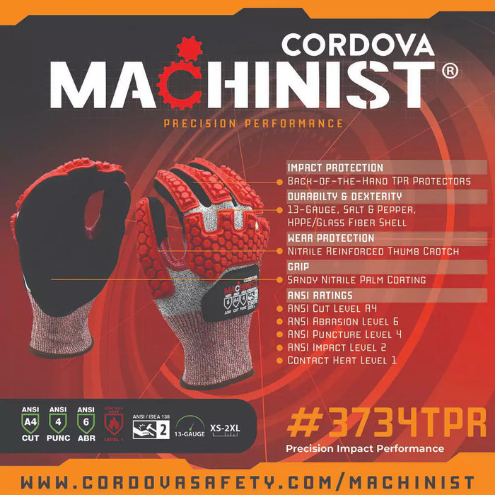 Cordova Safety Machinist Cut Resistant Gloves - 13-Gauge ANSI Cut Level A4 - 3734TPR
