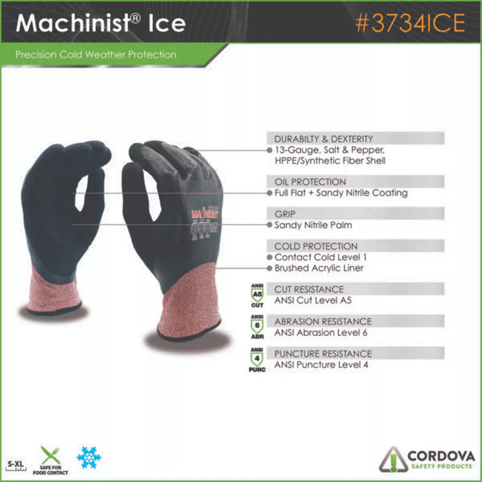 Cordova Safety Machinist Ice Cut Resistant Gloves - 13-Gauge ANSI Cut Level A5 - 3734ICE
