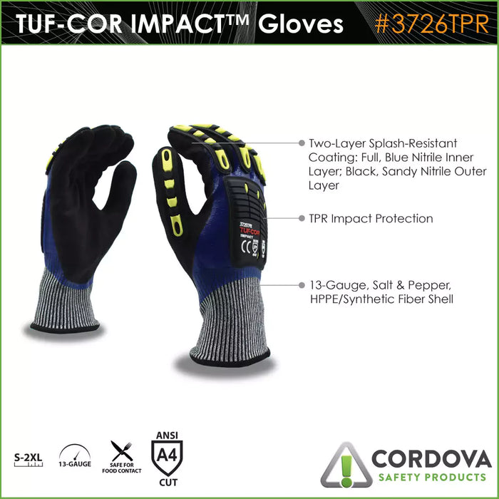Cordova Safety Tuf-Cor Cut Resistant Gloves - 13-Gauge ANSI Cut Level A4 - 3726TPR
