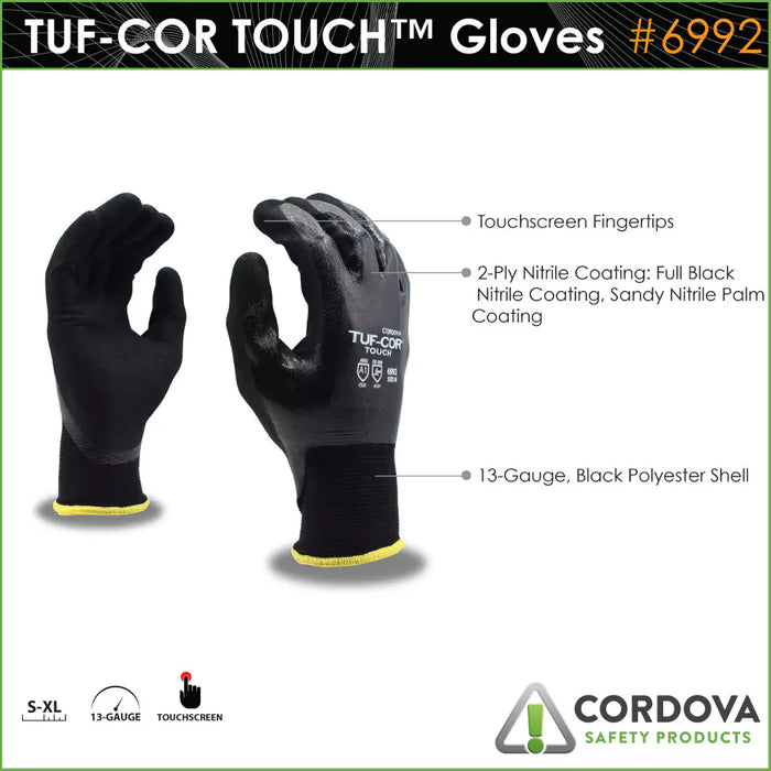 Cordova Safety Tuf-Cor Touch Grip Gloves - 13-Gauge ANSI Cut Level A1 - 6992