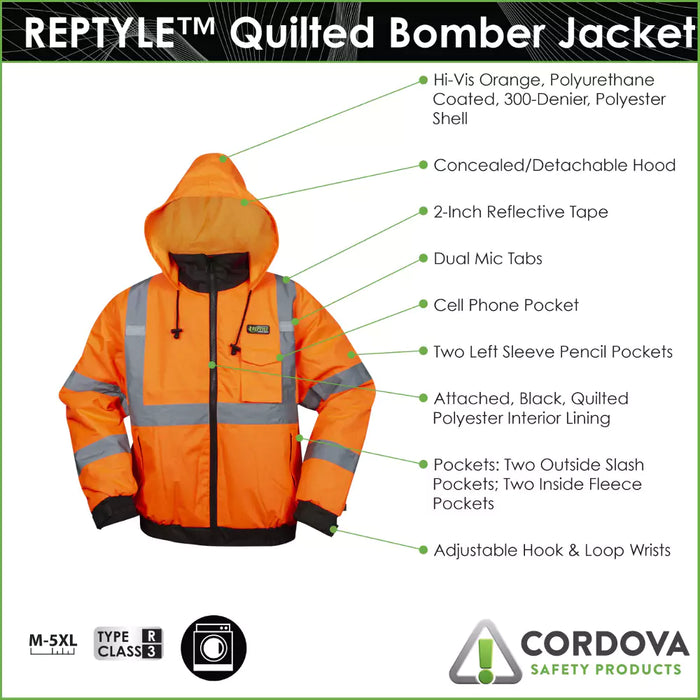 Cordova Reptyle Bomber Quilted Hi Vis Jacket - Zipper Closure Type R Class 3 – J22