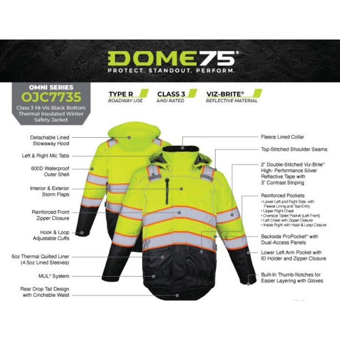 DOME75® DYNAMIC Series Hi-Vis ANSI Class 3 Black Bottom Thermal Bomber Jacket - DJB3832