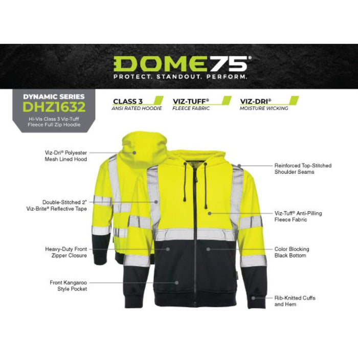 DOME75®  DYNAMIC Series Hi-Vis ANSI Class 3 Viz-Tuff Fleece Full-Zip Hoodie - DHZ1632