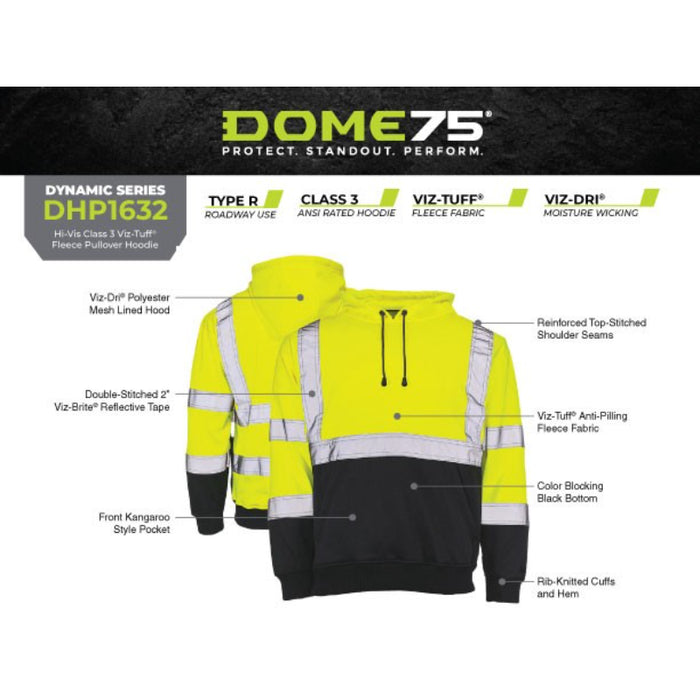 DOME75®  DYNAMIC Series Hi-Vis ANSI Class 3 Viz-Tuff Fleece Black Bottom Pullover Hoodie - DHP1632