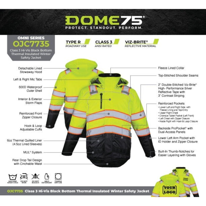 DOME75® OMNI Series Heavy Duty Hi-Vis ANSI Class 3 Black Bottom Thermal Insulated Winter Safety Jacket - OJC7735