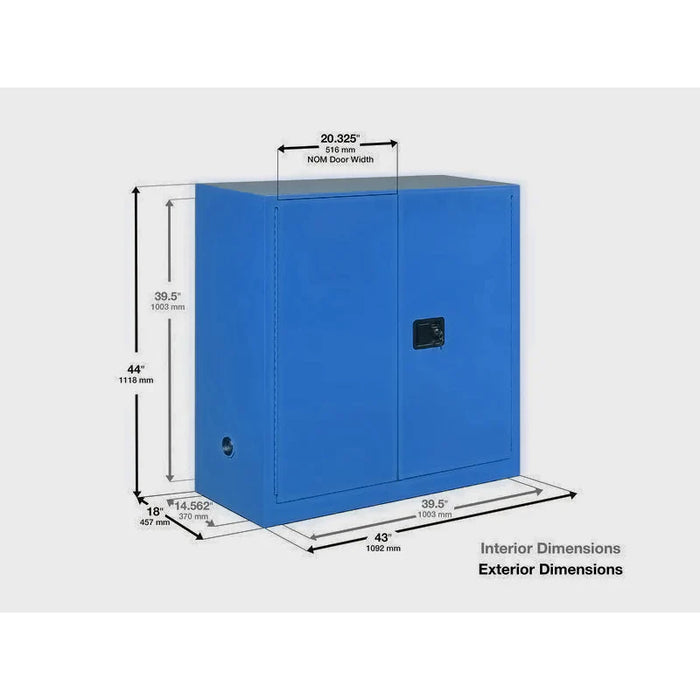 Safety Storage Cabinet 30 Gallon - Acid & Corrosive - 1 Self Closing Door - 1 Shelf - Blue