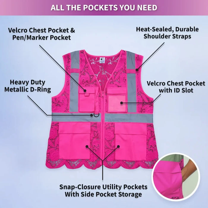 Lace Safety Vest® Women's Class 2 Four Pockets Zipper Vest - VEST002