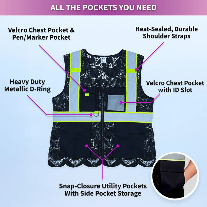 Lace Safety Vest® Women's Class 2 Four Pockets Zipper Vest - VEST002