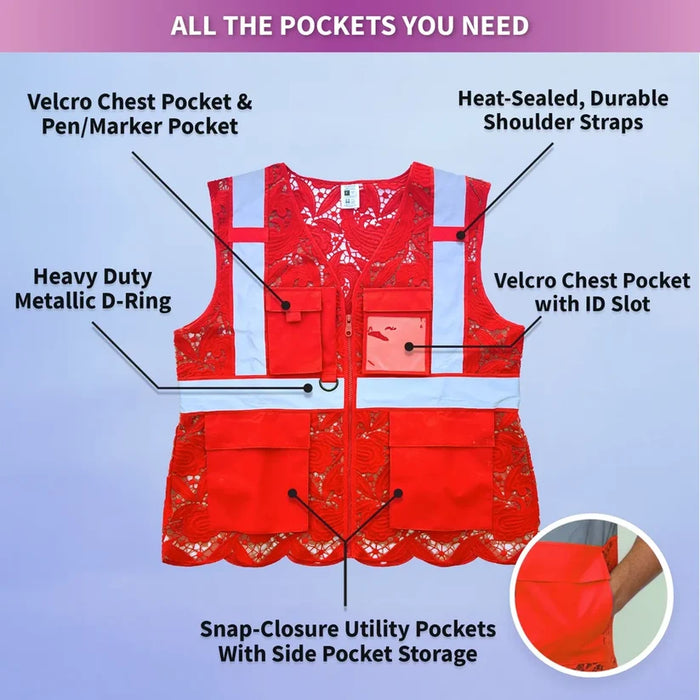 Lace Safety Vest® Women's Class 2 Four Pockets Zipper Vest - VEST002