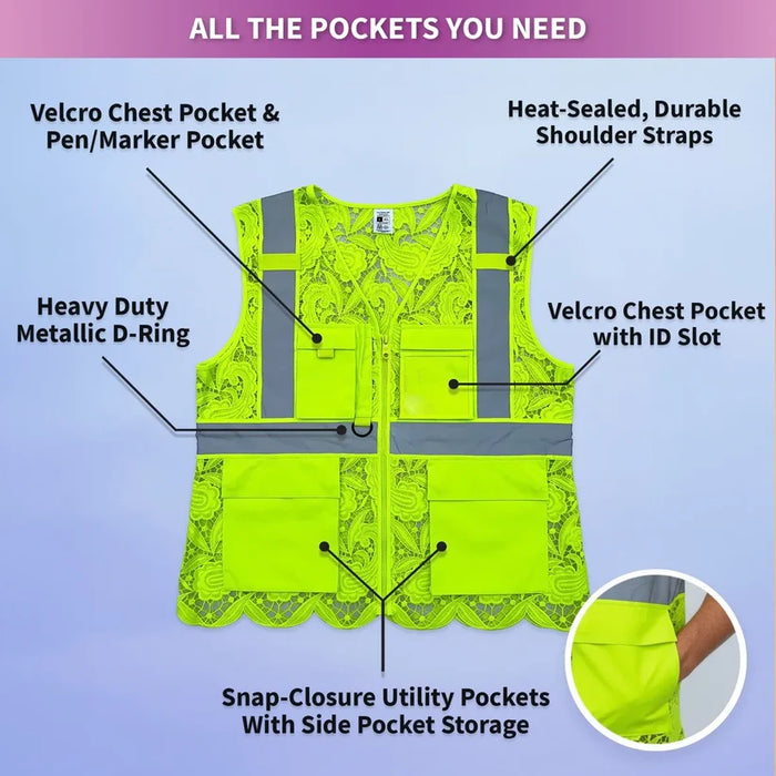 Lace Safety Vest® Women's Class 2 Four Pockets Zipper Vest - VEST002