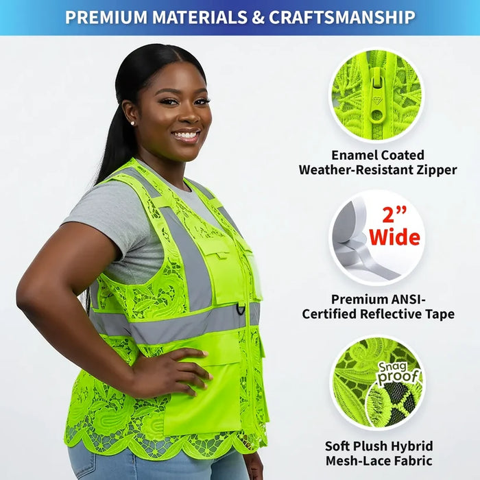 Lace Safety Vest® Women's Class 2 Four Pockets Zipper Vest - VEST002