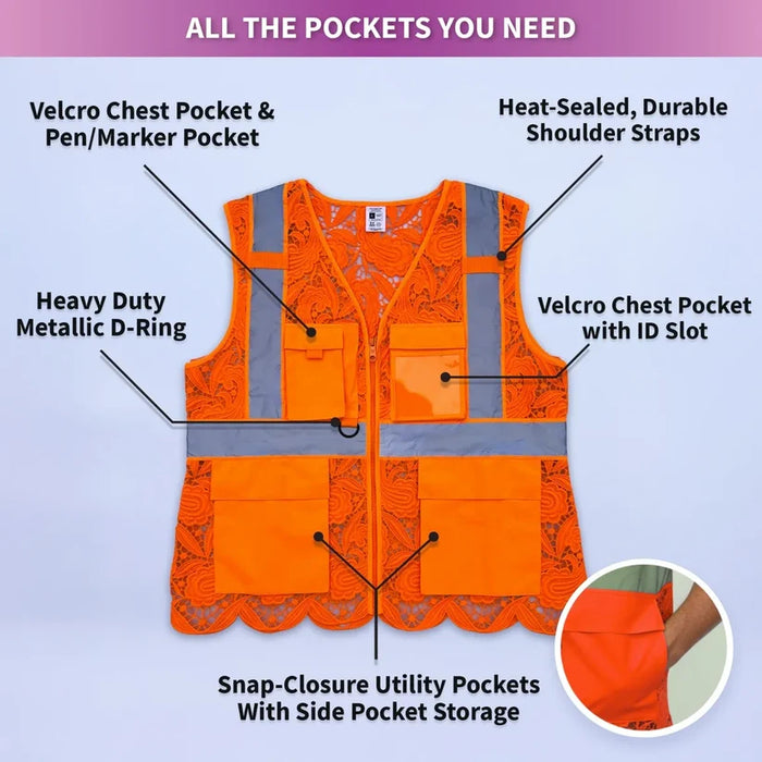 Lace Safety Vest® Women's Class 2 Four Pockets Zipper Vest - VEST002