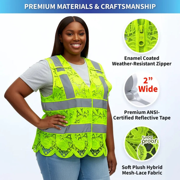 Lace Safety Vest® Women's Class 2 No Pockets Velcro Vest with 5 Point Breakaway - Yellow - VEST002