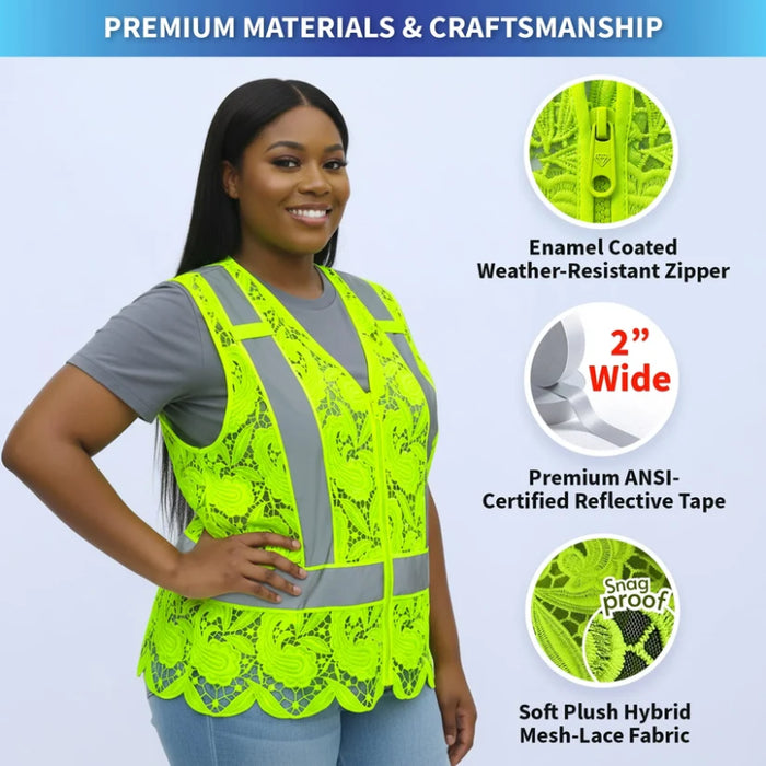 Lace Safety Vest® Women's Class 2 No Pockets Zippper Vest with X-Back - Yellow - VEST002