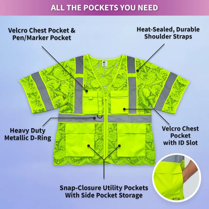Lace Safety Vest® Women's Class 3 Four Pockets Zipper Vest - Yellow - VEST002