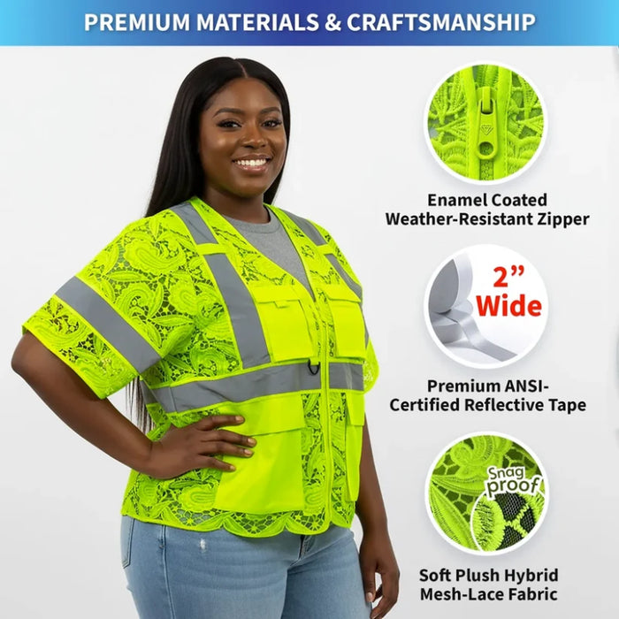 Lace Safety Vest® Women's Class 3 Four Pockets Zipper Vest - Yellow - VEST002