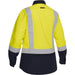 Back view of a yellow and navy safety jacket with reflective stripes on a white background