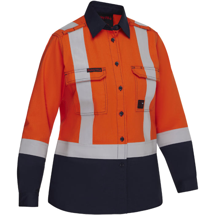 Orange and navy safety jacket with grey stripes on a white background