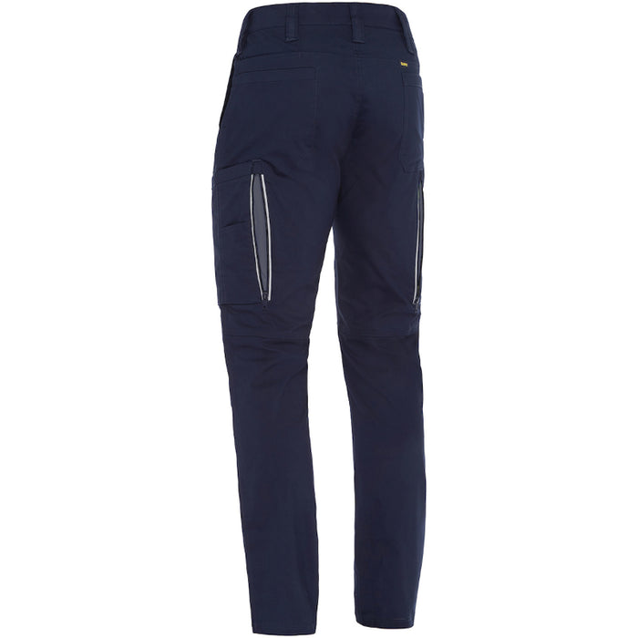 Navy blue pants with reflective stripes on a white background