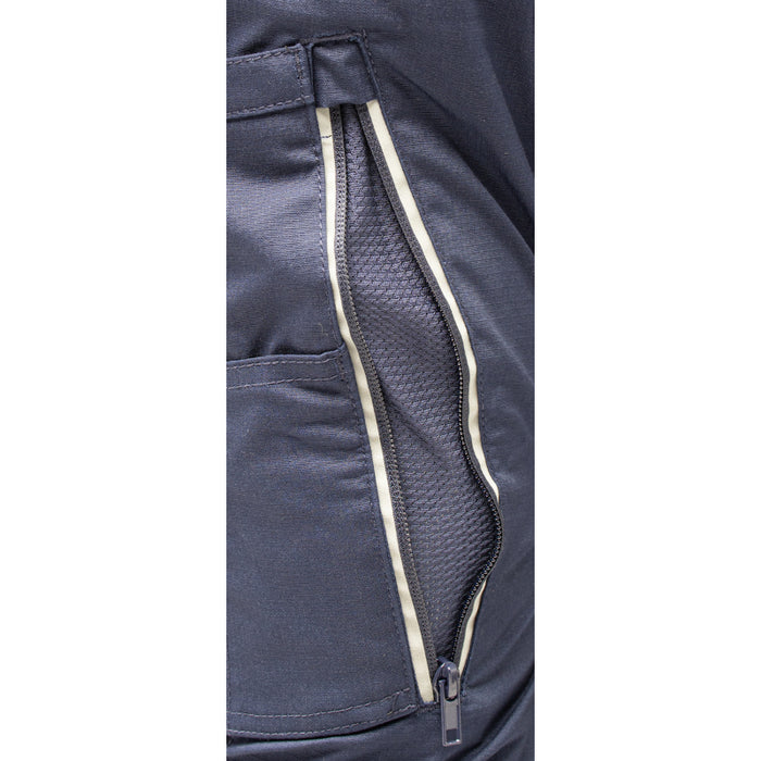 Close-up of a dark blue pants with a zipper and white trim on a white background