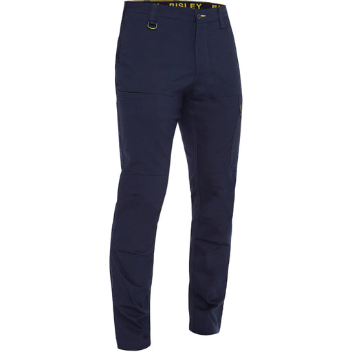 Navy blue pants with a brand logo on a white background