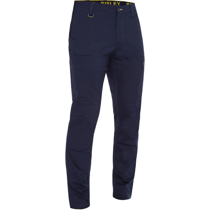 Navy blue pants with a brand logo on a white background