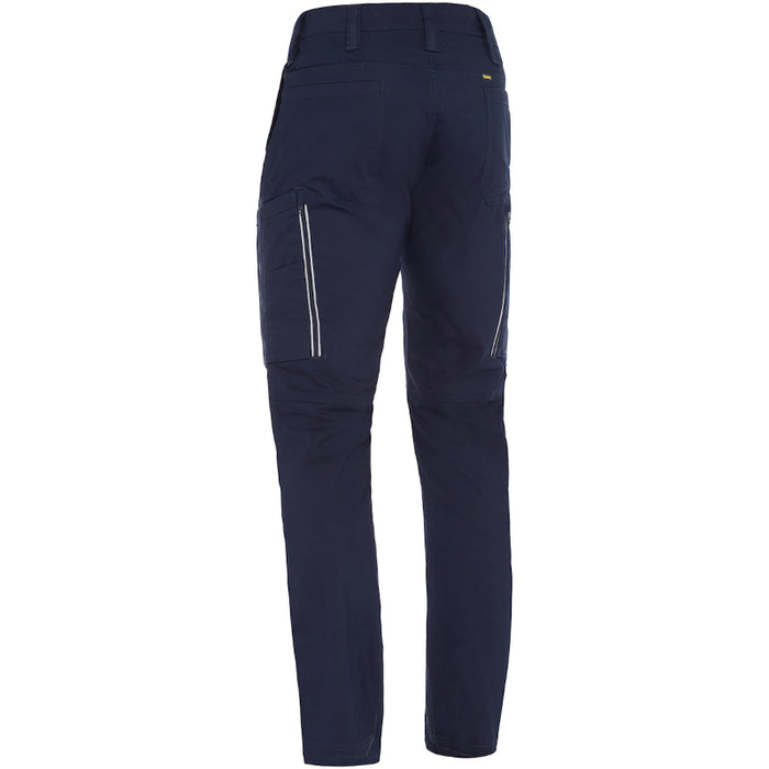 Navy blue pants with white zippers on a white background