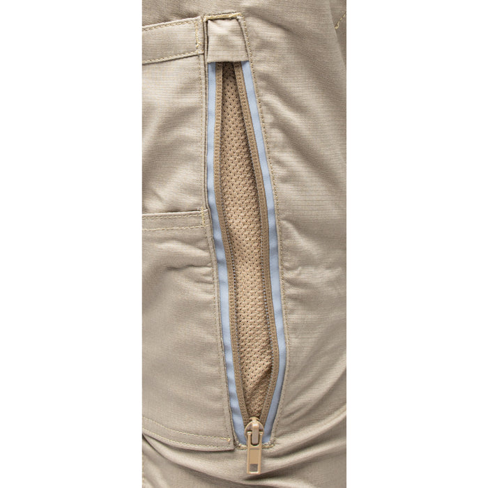 Close-up of beige pants with a zipper and reflective strip on a white background