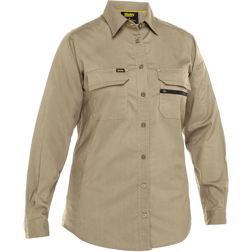 Beige work shirt with multiple pockets on a white background