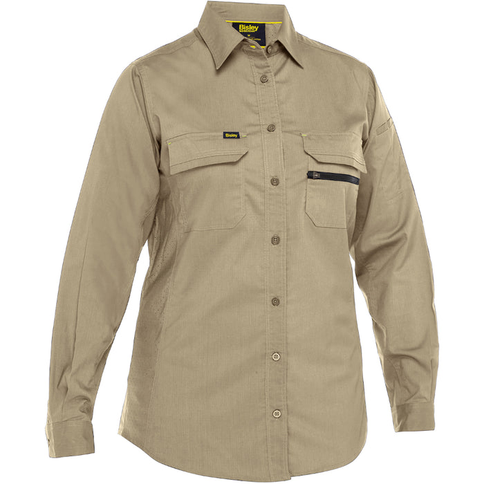 Beige work shirt with multiple pockets on a white background