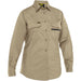 Beige work shirt with multiple pockets on a white background