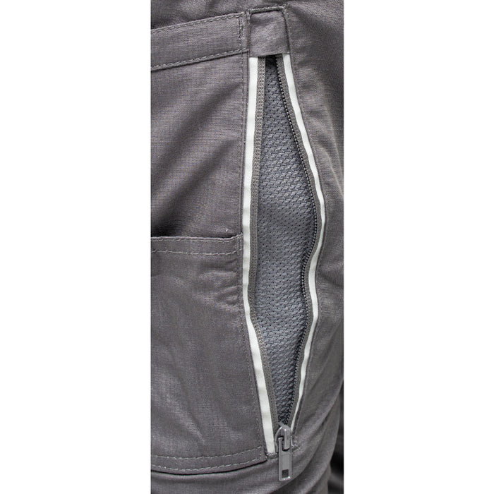 Close-up of a gray pants with a zipper and mesh panel on a white background