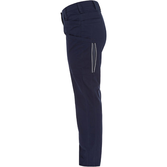 Navy blue pants with a silver zipper on a white background