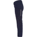 Navy blue pants with a silver zipper on a white background