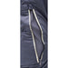 Close-up of a dark blue pants with a zipper and white trim on a white background