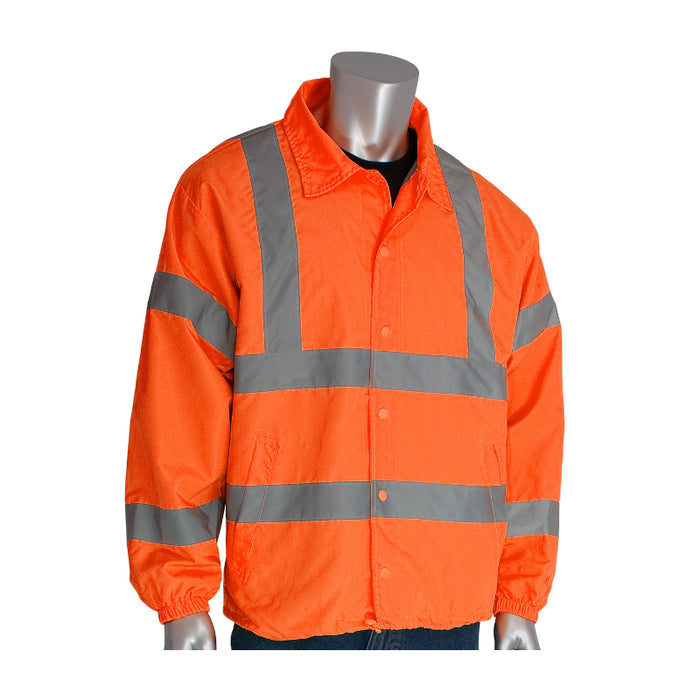 Orange safety jacket with reflective stripes on a mannequin against a white background