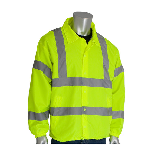 High-visibility yellow jacket with reflective stripes on a mannequin against a white background