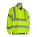 High-visibility yellow jacket with reflective stripes on a mannequin against a white background