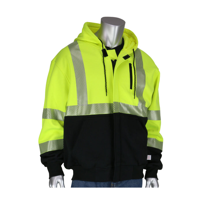 PIP® Hi Vis Flame Resistant Full Zip Hooded Sweatshirt with Black Bottom - ANSI Class 3 Type R - 385-1370FR