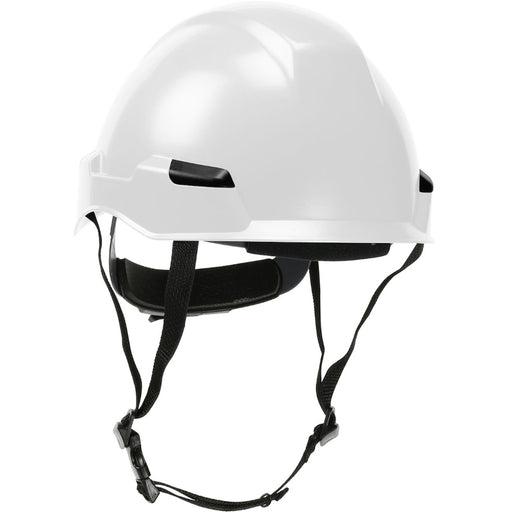 White safety helmet with black straps on a white background