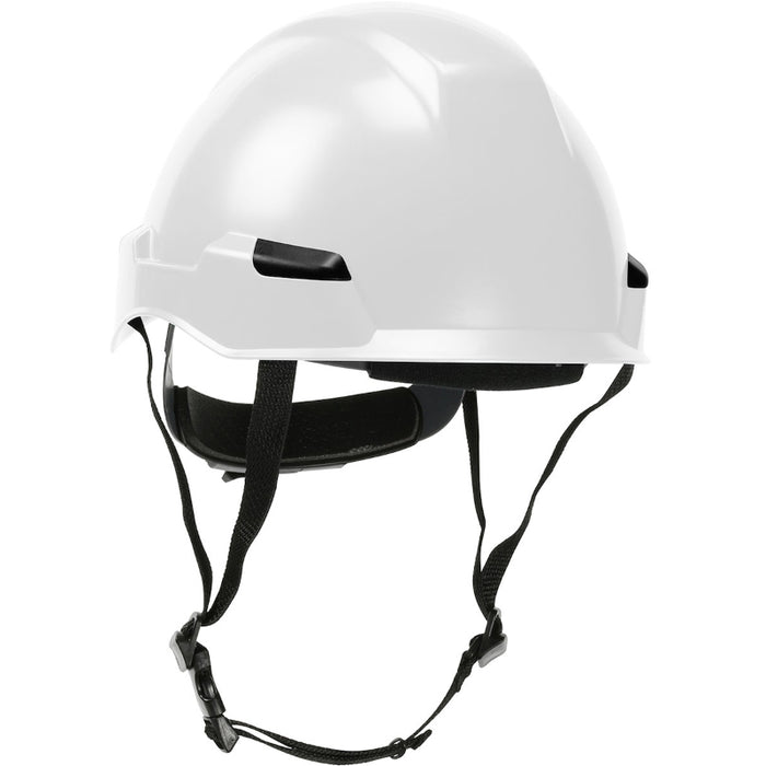 White safety helmet with black straps on a white background
