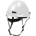 White safety helmet with black straps on a white background