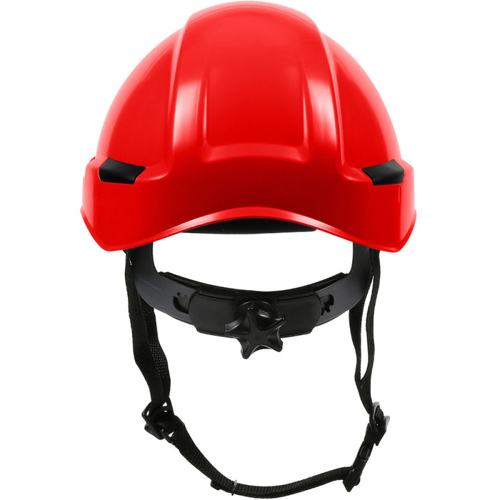 Red hard hat with black chin strap on a white background