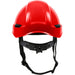 Red hard hat with black chin strap on a white background