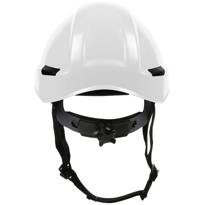 White safety helmet with black straps on a white background
