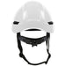 White safety helmet with black straps on a white background
